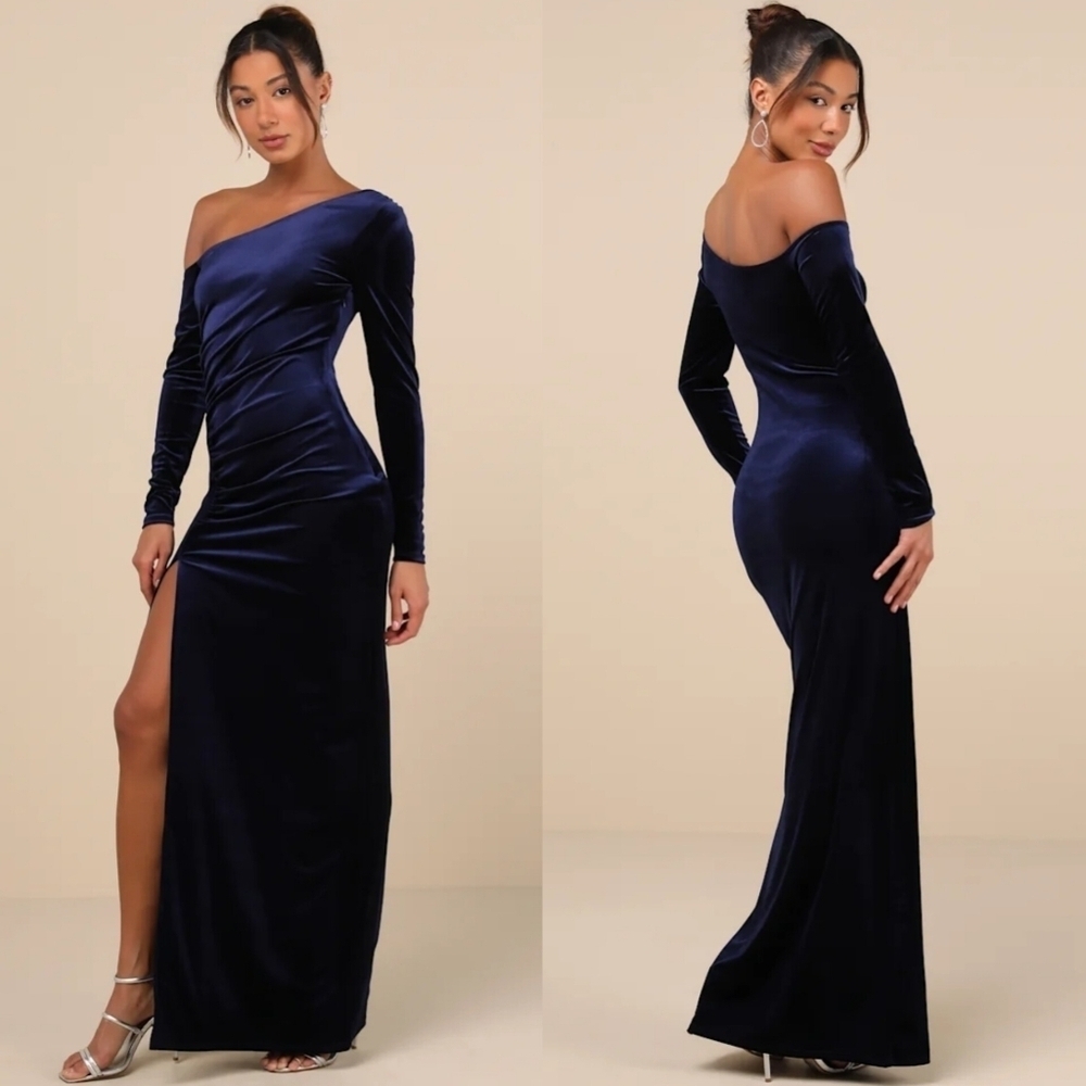 Lulus Notorious Icon Navy Blue Velvet Asymmetrical Maxi Dress Wedding Party